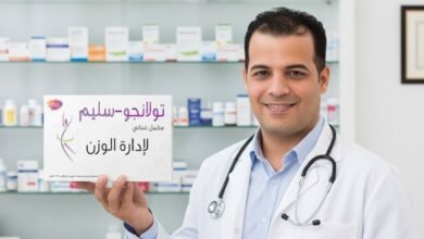 عبوة تولانجو سليم الأصلية بجانب شريط قياس وميزان لبيان فعالية التخسيس