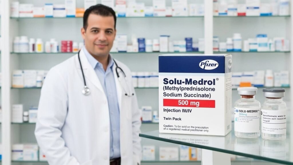 حقن سولوميدرول Solu-Medrol بتركيزات مختلفة 1000 و 500 مجم مع علبة الدواء