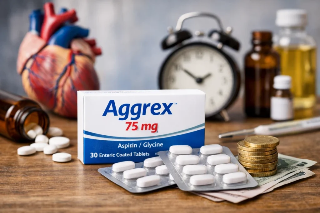 علبة Aggrex 75 mg مسكن تحتوي على اسبرين وجلايسين مع استخداماته والجرعة والسعر في مصر