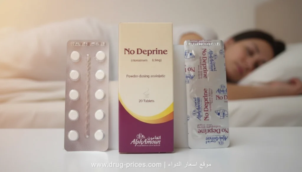 هل نوديبرين No Deprine يسبب النعاس؟ صورة توضيحية تظهر علبة الدواء وشخص مستلقي على السرير يغط في نوم عميق بسبب مفعول الأميتريبتيلين